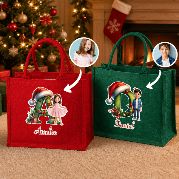 Personalised Christmas Cartoon Character  Large Jute Tote Bag with Name and Initial Christmas Party Gift for Kids