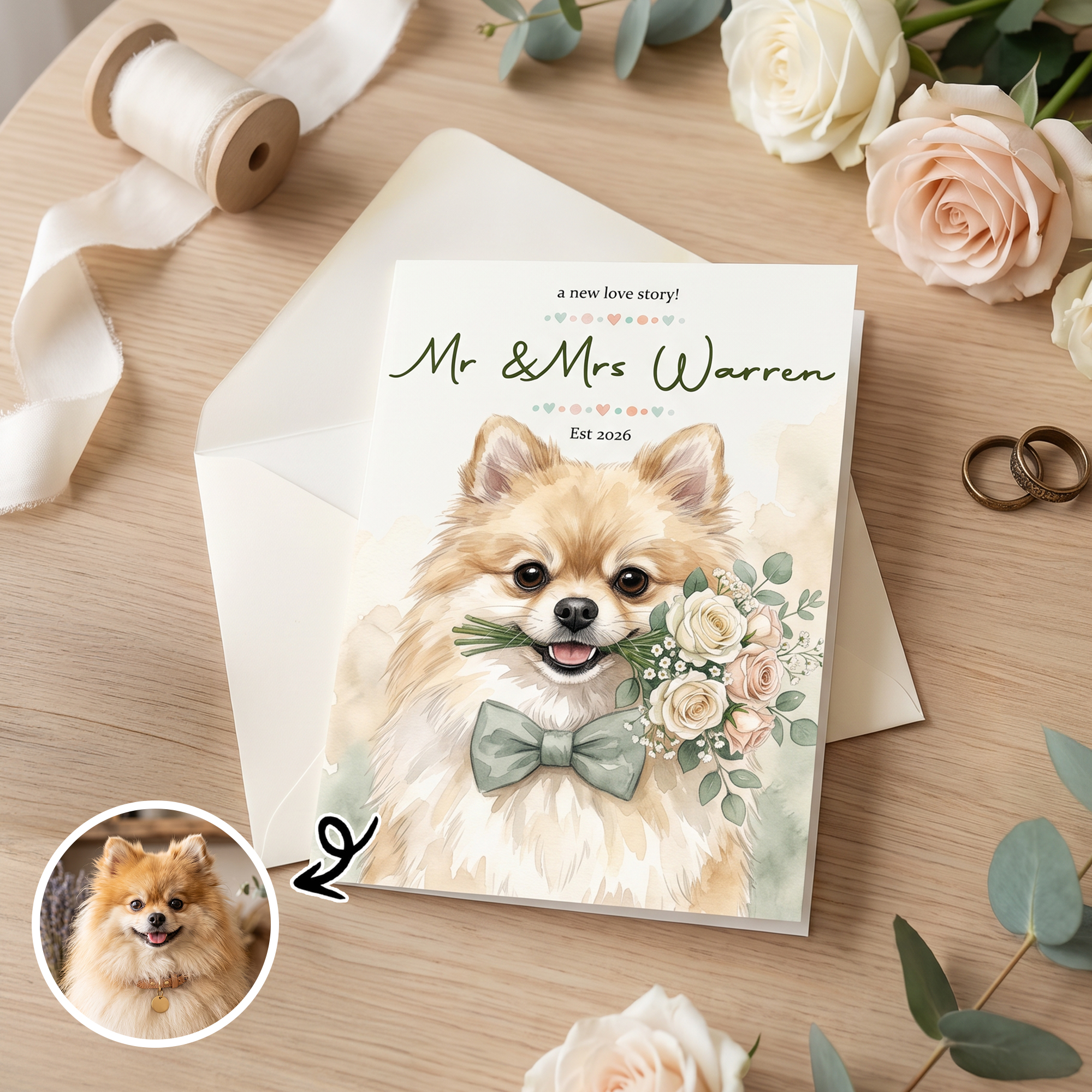 Individuell gestaltete Grußkarte mit Aquarellbild eines Haustiers, das Blumen überreicht, mit Titel und Nachnamen sowie Jahreszahl – Hochzeitsjubiläumsgeschenk für Paare, die Haustiere lieben
