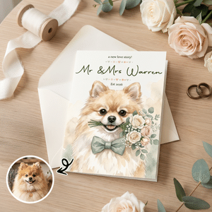 Personalized Watercolor Pet Offering Flower Photo Greeting Card with Title and Surname Year Wedding Anniversary Gift for Couple Pet Lovers