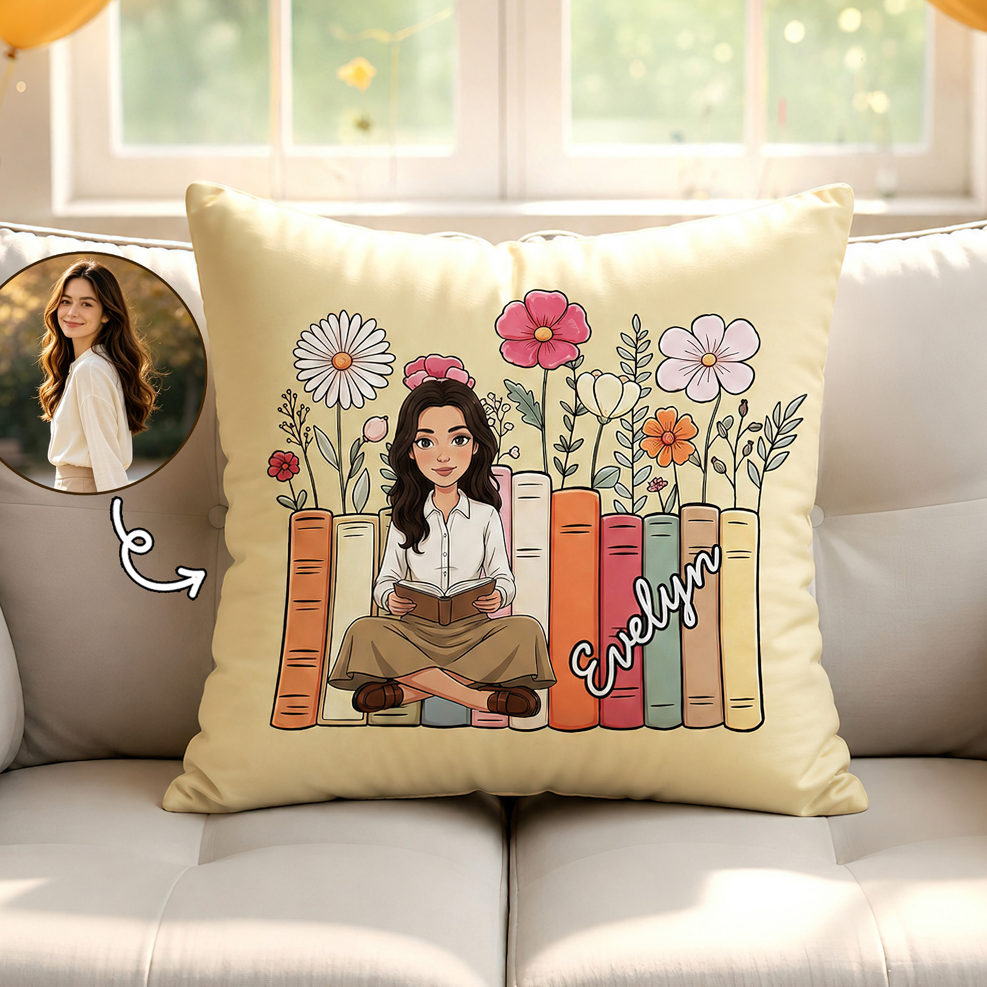 Individuell gestalteter Kissenbezug mit Cartoon-Figur und Foto, mit Namen – Wohnaccessoire für den Alltag, Geburtstagsgeschenk für Bücherwürmer