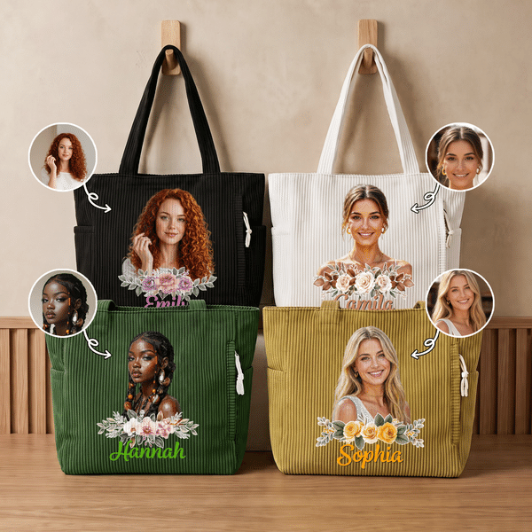 Personalized Flower Character Photo Large Capacity Corduroy Tote Bag with Name Daily Use Travel Birthday Gift for Women Friends