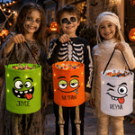 Individuell gestalteter LED-Süßigkeiten-Eimer im Halloween-Design mit Gesichtsausdruck und Namensaufdruck – Halloween-Geschenk für Kinder zur „Süßes oder Saures“-Party