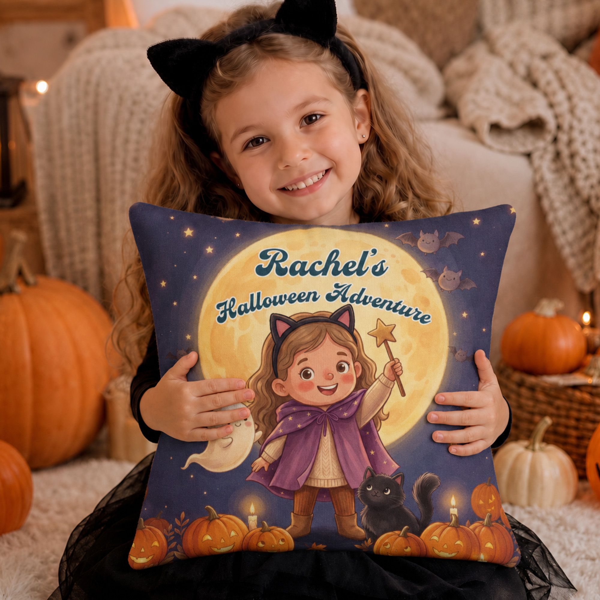 Individuell gestalteter Kissenbezug mit Halloween-Motiv: Fledermaus, Kürbis und Comic-Figuren – mit Namen – Wohnaccessoire und Halloween-Geschenk für Kinder