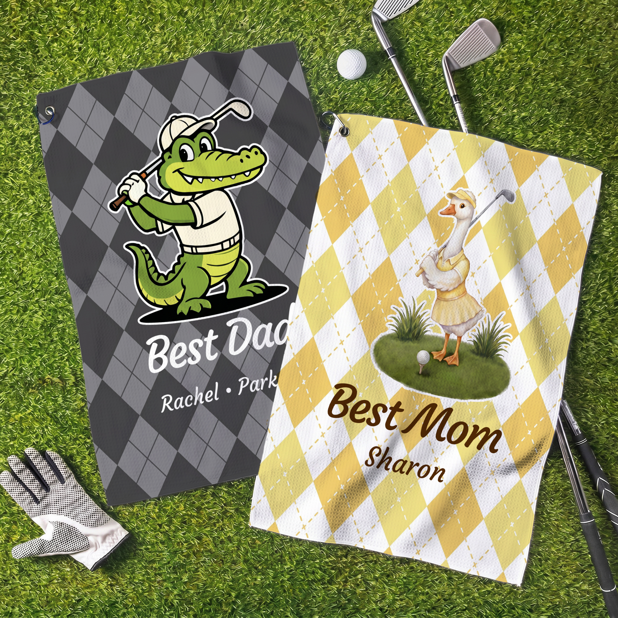 Individuell gestaltetes Golfhandtuch mit Tier-Cartoon-Motiv, Rautenmuster und Schnell trocknender Funktion – mit Namen – für den täglichen Gebrauch, als Geburtstagsgeschenk für Golfbegeisterte