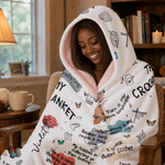 Personalised 3D-Style Artwork Cartoon Knitter Character Birth Flower Soft Hooded Blanket with Name Birthday Gift for Crocheters Knitters Crafters