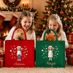 Personalized 3D-Effect Artwork Christmas Theme Cartoon Photo Large Jute Tote Bag with Name Christmas Party Gift for Kids Family Friends