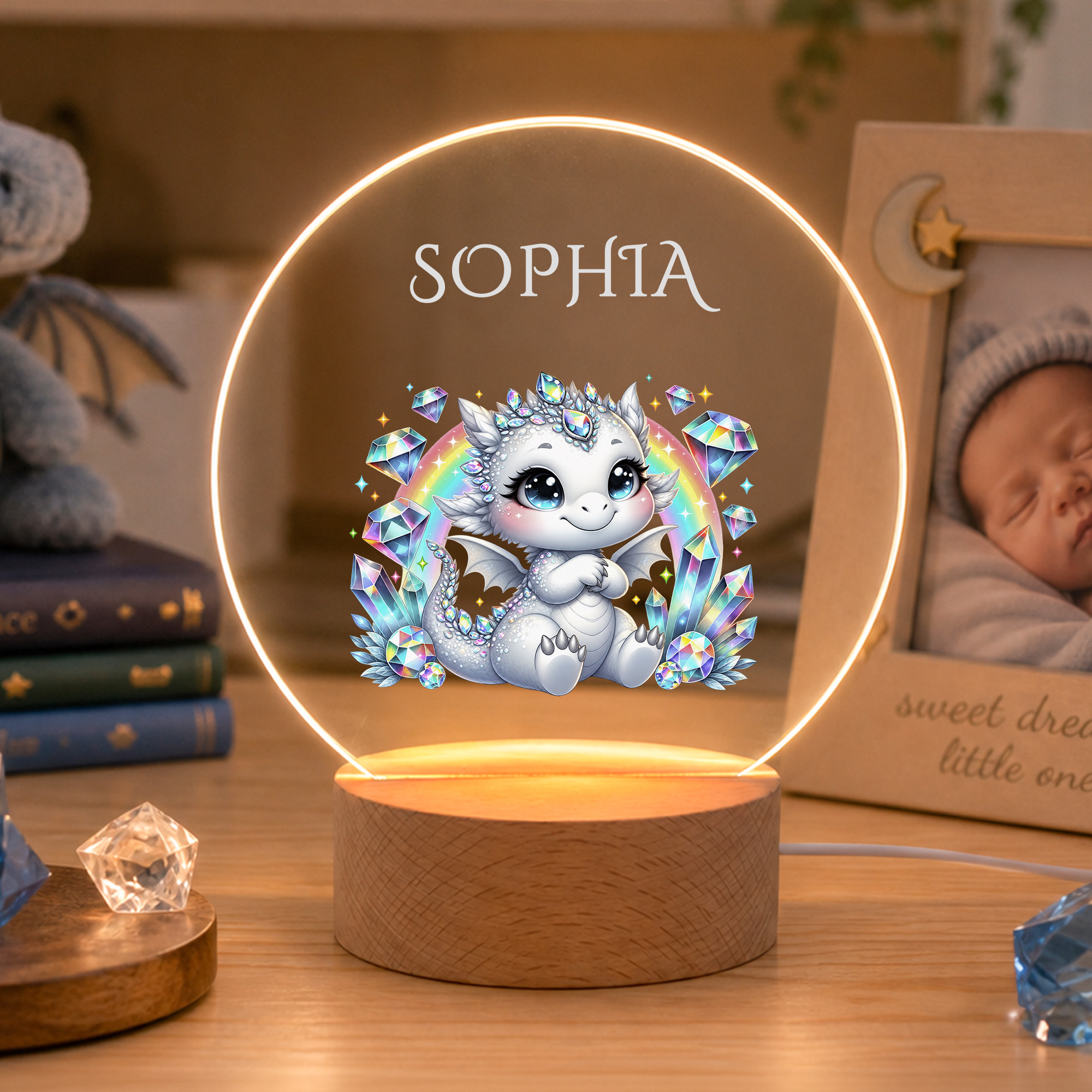 Personalisiertes LED-Nachtlicht aus Acryl mit Geburtsstein, Drachenmotiv, Namen und Holzsockel – Schlafzimmerdekoration, Geschenk zur Babyparty oder zum Geburtstag für Drachenfans und Kinder