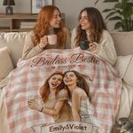 Personalized Illustration Photo Checked Pattern Soft Throw Blanket with Title and Name Bedroom Decor Birthday Anniversary Gift for Sisters Besties