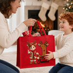 Personalised 3D-Effect Art Cartoon Character Photo Red Jute Tote Bag with Name and Initial Christmas Eve Party Gift for Girls Boys