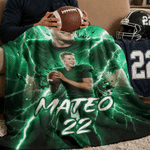 Personalised Lightning American Football Player Photo Soft Throw Blanket with Name and Number Home Decor Game Day Birthday Gift for Boy American Football Player