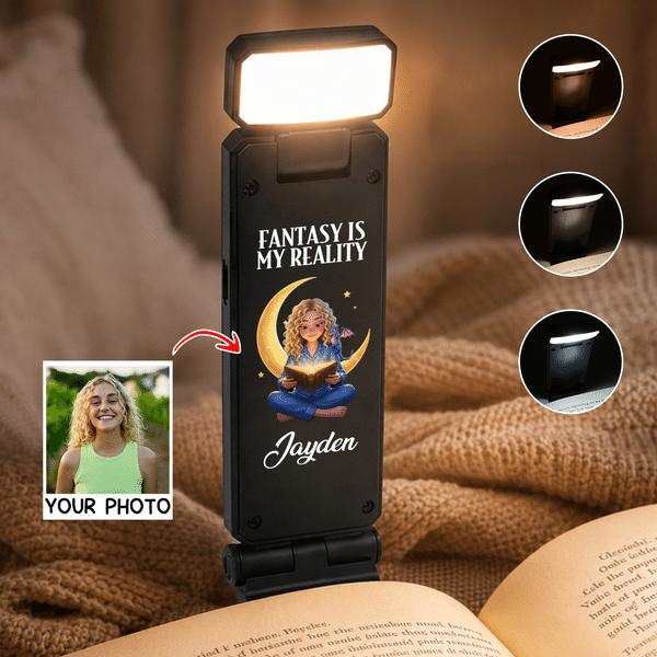 Personalised Fantasy Is My Reality Cartoon Character Rechargeable LED Light Clip with Name Birthday Gift for Book Lovers