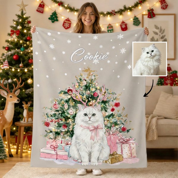 Personalised Watercolor Christmas Pet Portrait Soft Throw Blanket with Photo and Name Home Decor Christmas Gift for Pet Owners Lovers