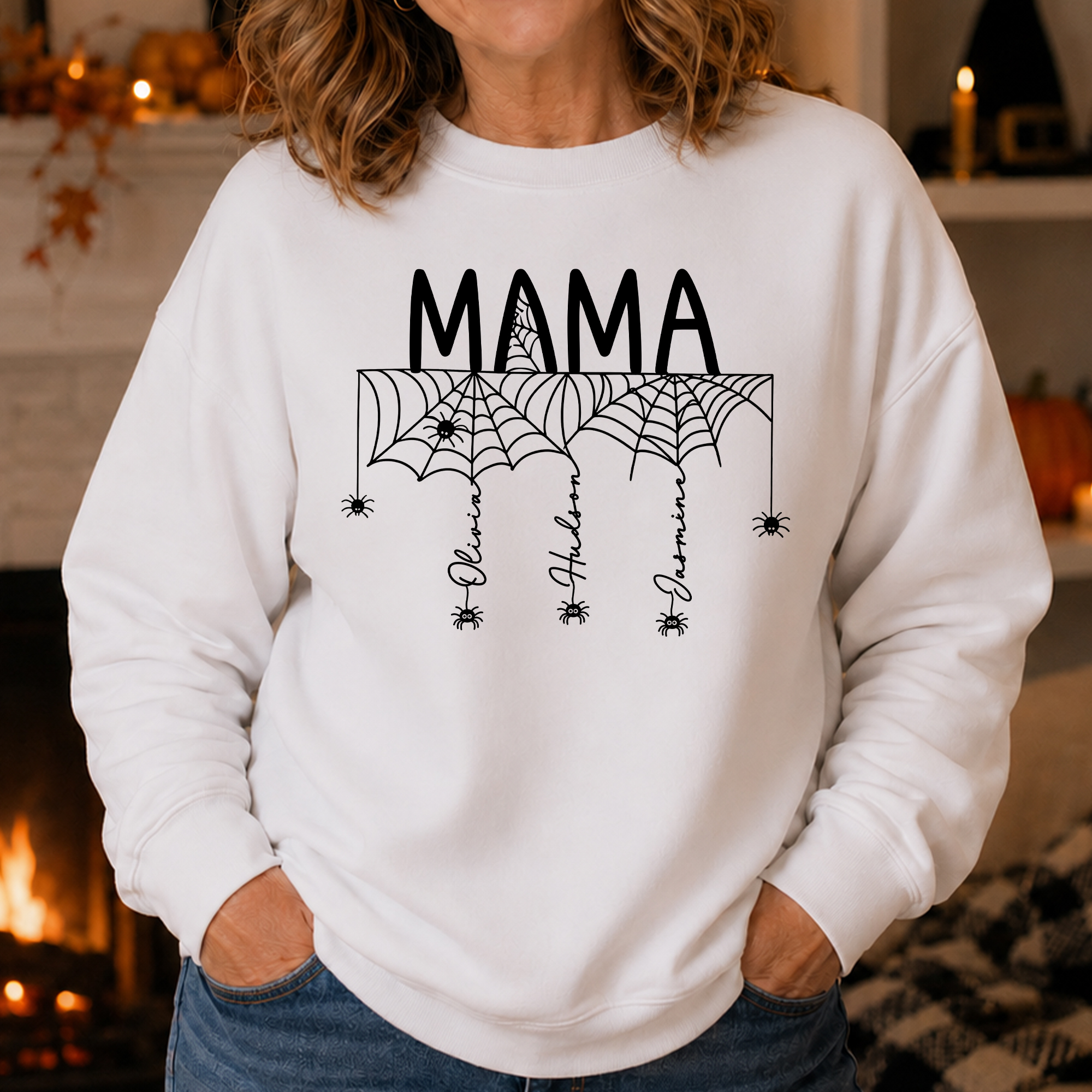 Individuell gestaltetes, mehrfarbiges T-Shirt, Sweatshirt oder Kapuzenpullover mit Spinnennetz-Motiv und 1–8 Namen sowie Titel – Alltagsbekleidung, Halloween-Geschenk für die Familie, Mutter und Hallo