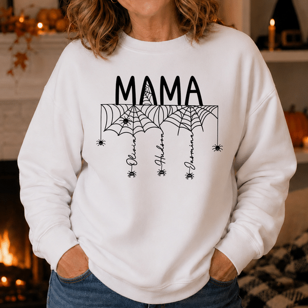 Personalized Multicolour Spider Web 1-8 Names T-shirt Sweatshirt Hoodie with Title Daily Wear Halloween Gift for Family Mother Halloween Lover