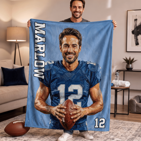 Gepersonaliseerde, veelkleurige fotodeken in olieverfstijl met naam en nummer – een verjaardags- of jubileumcadeau voor sportliefhebbers