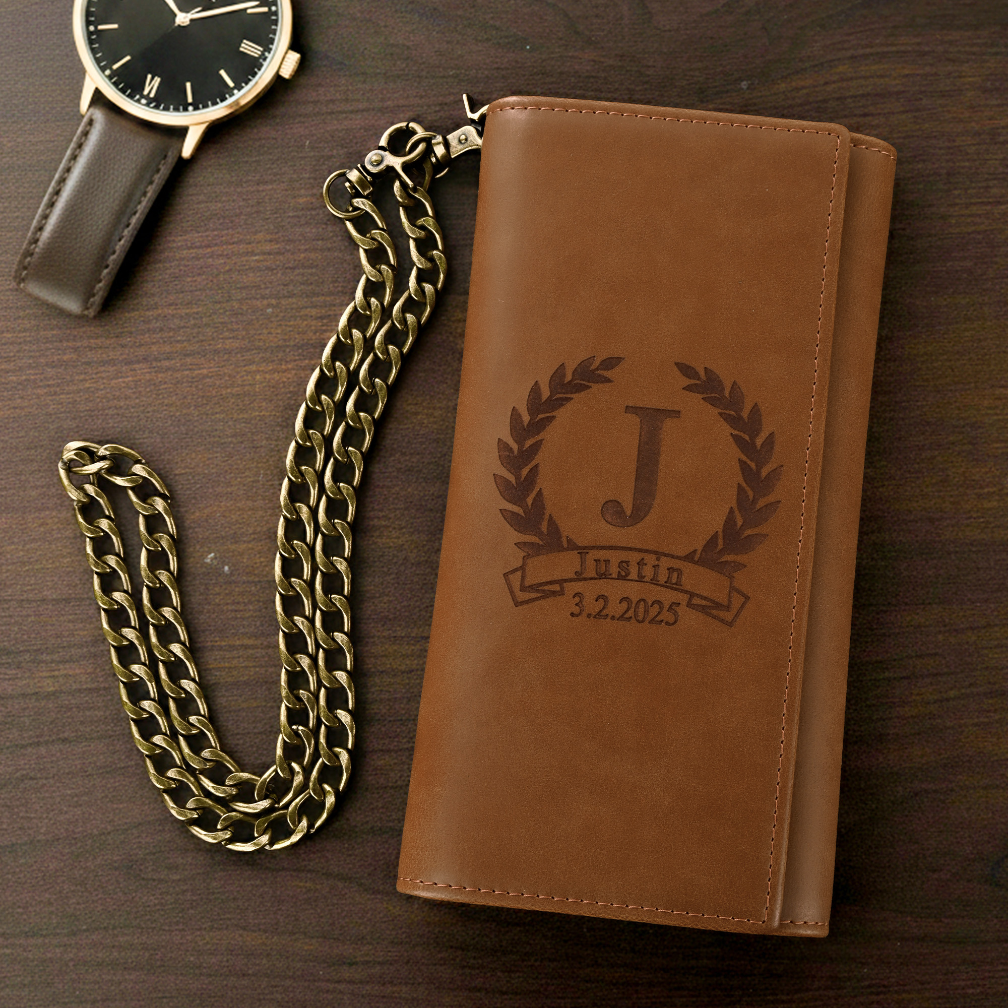 Individuell gestaltete, minimalistische Geldbörse aus PU-Leder im Used-Look mit Monogramm, Klappverschluss, Kette und Kartenfächern – Jubiläums- und Geburtstagsgeschenk für Männer, Väter und Ehemänner