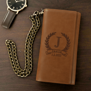 Portefeuille pliable en cuir PU au style minimaliste et personnalisé, avec monogramme vieilli, chaîne et emplacements pour cartes – Cadeau d'anniversaire ou de mariage pour homme, papa ou mari