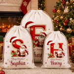 Personalised Merry Christmas Santa Claus Canvas Drawstring Gift Bag with Name and Initial Christmas Eve Party Gift for Kid