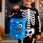 Individuell gestalteter LED-Süßigkeiten-Eimer im Halloween-Design mit Gesichtsausdruck und Namensaufdruck – Halloween-Geschenk für Kinder zur „Süßes oder Saures“-Party