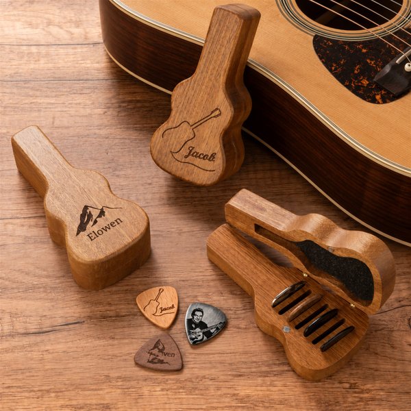 Personalized Engraved Monogram Letter Pattern Wooden Guitar Pick Holder Case with Name  Music Accessories Birthday Gift for Guitar Player