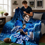 Personalised Lightning American Football Player Photo Soft Throw Blanket with Name and Number Home Decor Game Day Birthday Gift for Boy American Football Player
