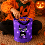 Individuell gestalteter LED-Süßigkeiten-Eimer im Halloween-Design mit Gesichtsausdruck und Namensaufdruck – Halloween-Geschenk für Kinder zur „Süßes oder Saures“-Party