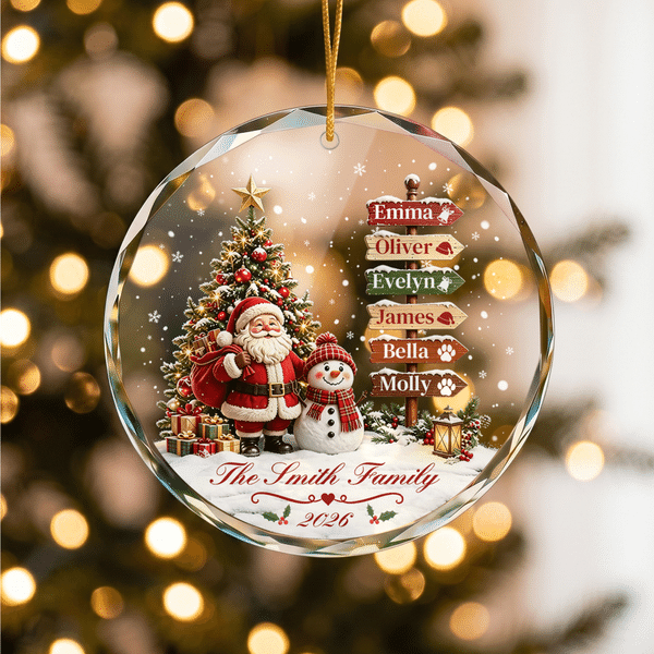 Personalized Santa Claus Snowman Signpost Glass Acrylic Ornament with Family Name and Year Tree Decor Christmas Gift for Family