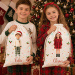 Borsa regalo personalizzata in tela con personaggio dei cartoni animati a forma di stella e fiocco di neve, con foto e nome – Regalo di Natale per bambini
