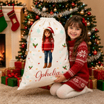 Borsa regalo personalizzata in tela con personaggio dei cartoni animati a forma di stella e fiocco di neve, con foto e nome – Regalo di Natale per bambini