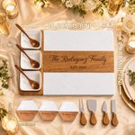 Personalized Engraved Name Acacia Marble Cutting Board Coaster Set with Ceramic Bowl Wooden Spoon Ship from USA Wedding Engagement Gift for Couple