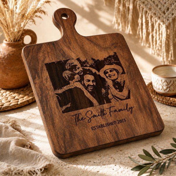 Personalized Engraved Photo Text Wooden Bamboo Reversible Cutting Board with Date and Grip Ship from USA Housewarming Anniversary Gift for Family