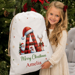 Personalized Cute Snowman Santa Claus Christmas Hat Initial Design Large Canvas Drawstring Gift Bag with Name Christmas Gift for Boys Girls
