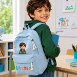 Mochila de pana con efecto 3D personalizada, con dibujo de un personaje de dibujos animados y foto de una estrella, con el nombre del niño o la niña; regalo de vuelta al cole y de cumpleaños para niño