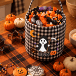 Cesta de caramelos reutilizable, 100 % algodón, con estampado de cuadros y un simpático fantasma de Halloween de dibujos animados, personalizada con el nombre; regalo para la actividad de «truco o tra