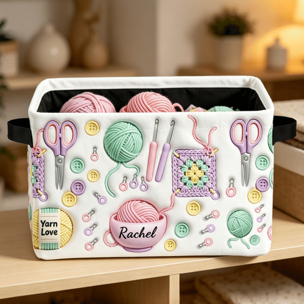 Personalized 3D-Style Art Yarn Crochet Hook Knitted Pattern Storage Basket with Name and Handle Birthday Christmas Gift for Knitting Lovers