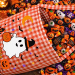 Cesta de caramelos reutilizable, 100 % algodón, con estampado de cuadros y un simpático fantasma de Halloween de dibujos animados, personalizada con el nombre; regalo para la actividad de «truco o tra