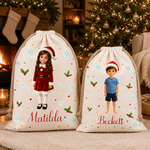 Borsa regalo personalizzata in tela con personaggio dei cartoni animati a forma di stella e fiocco di neve, con foto e nome – Regalo di Natale per bambini