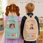Mochila de pana con efecto 3D personalizada, con dibujo de un personaje de dibujos animados y foto de una estrella, con el nombre del niño o la niña; regalo de vuelta al cole y de cumpleaños para niño