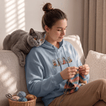 Individuell gestaltetes T-Shirt, Sweatshirt oder Kapuzenpullover mit Aquarell-Motiv eines Haustierfotos und Stricknadel-Motiv in verschiedenen Farben – Alltagskleidung, Geschenk für Haustierpartys und