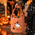 Cesta de caramelos reutilizable, 100 % algodón, con estampado de cuadros y un simpático fantasma de Halloween de dibujos animados, personalizada con el nombre; regalo para la actividad de «truco o tra