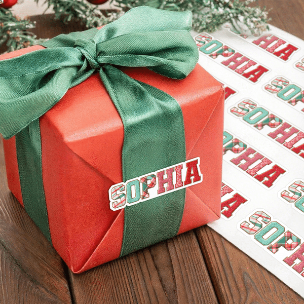 Personalized Red-Green Plaid Chenille-Inspired Design Letter Stickers Labels with Name Gift Decor Christmas Party Gift for Kids Family Friends