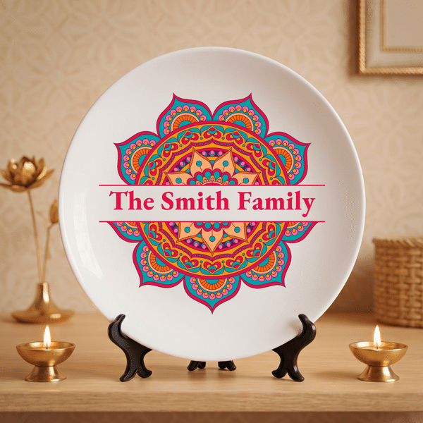 Personalized Colourful Diwali Mandala Decorative Plate with Family Name and Stand Home Decor Diwali Religious Gift for Family Friends