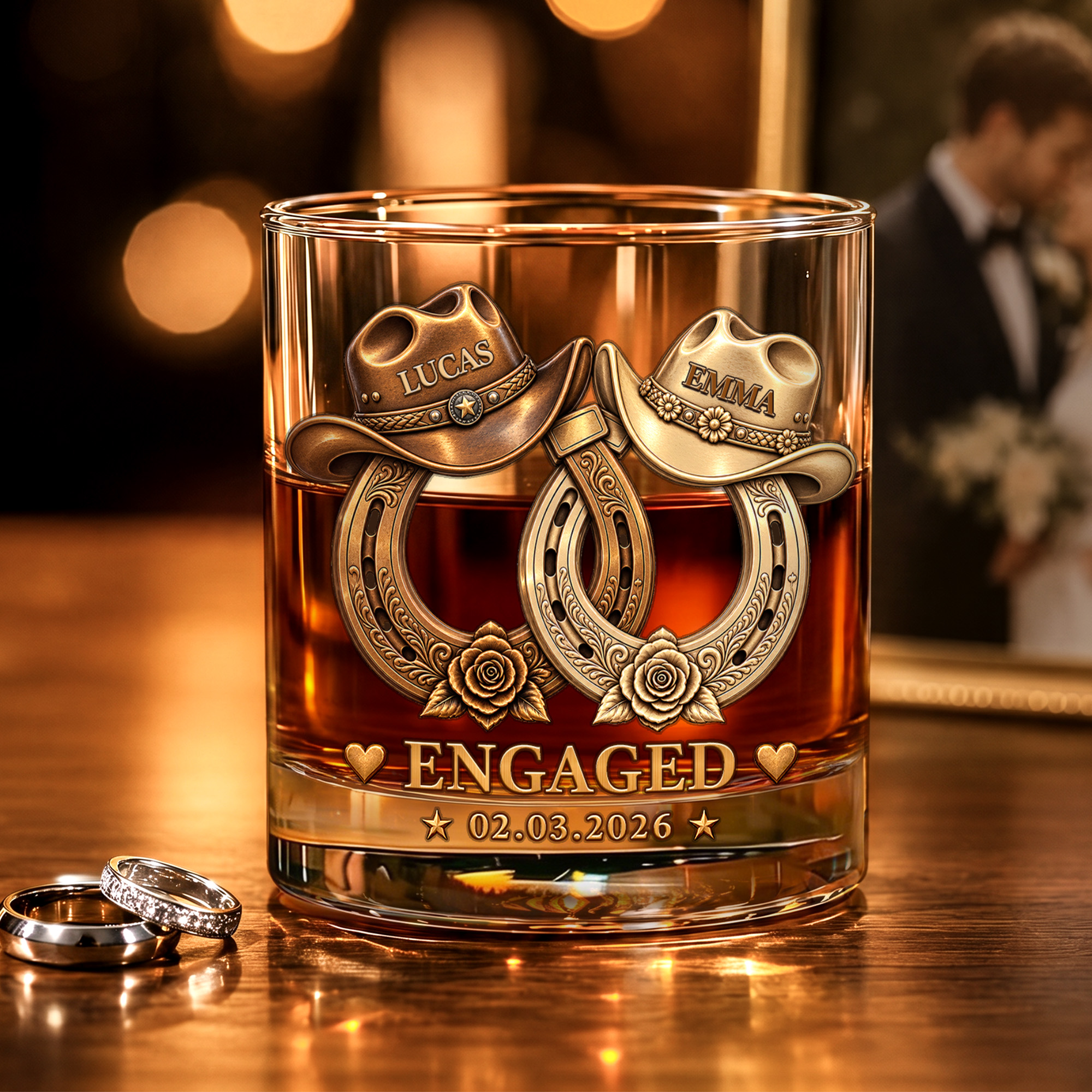 Individuell gestaltetes Whiskyglas „Hufeisen“ mit 3D-Effekt, 10 oz, aus Gesteinsglas, mit Namen und Datum – Hochzeitsgeschenk für den täglichen Gebrauch für frischvermählte Paare