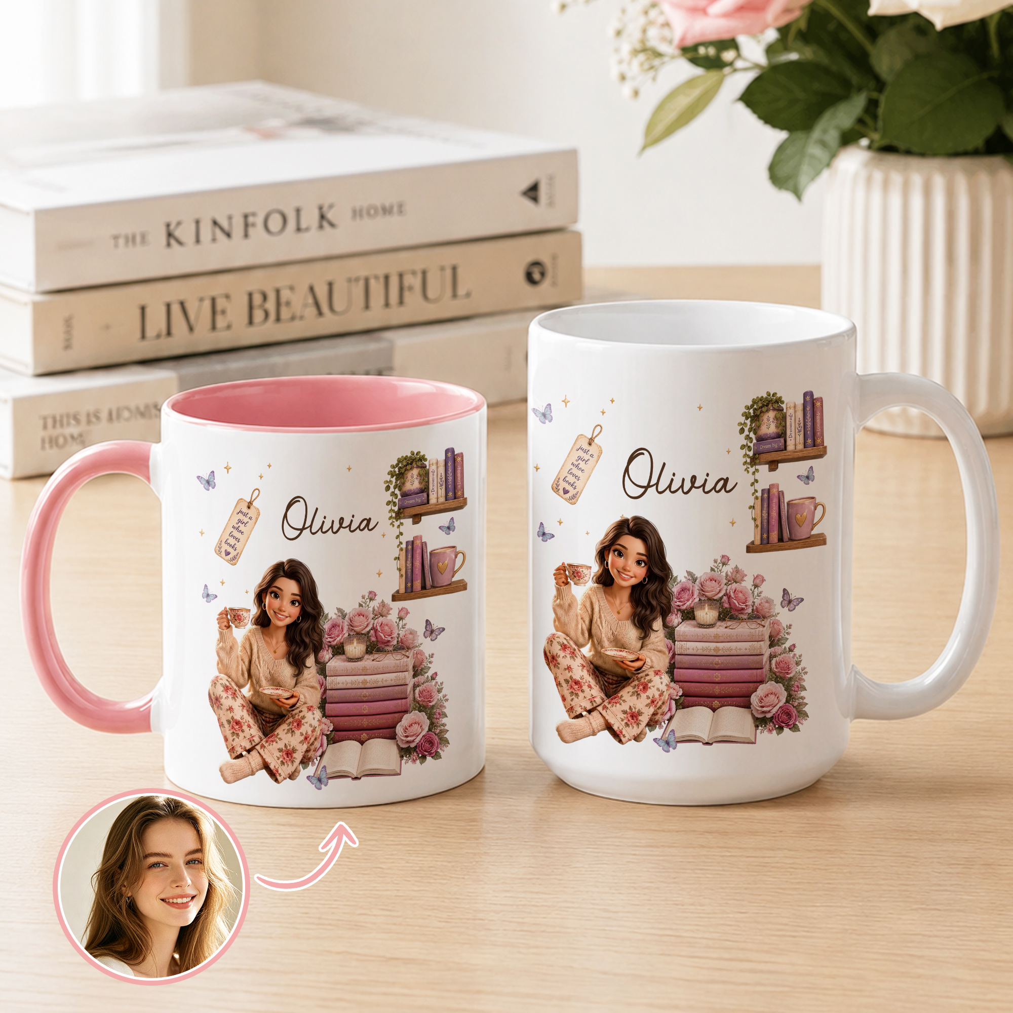 Personalisierte Keramiktasse mit 3D-Effekt, Cartoon-Figur und Geburtsblume, 11 oz, 15 oz, mit Namen – für den täglichen Gebrauch, Geburtstagsgeschenk für eine bücherbegeisterte Frau
