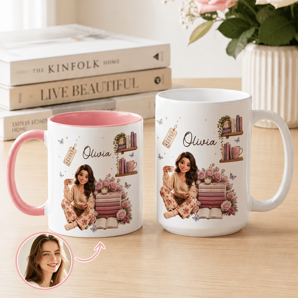 Personalized 3D-Effect Artwork Cartoon Character Birth Flower 11 oz 15 oz Ceramic Mug with Name Daily Use Birthday Gift for Book Lover Woman