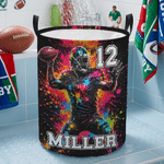 Personalised Watercolor Splash American Football Sports Storage Laundry Basket with Handle Number and Name Daily Use Birthday Gift for Sports Lovers
