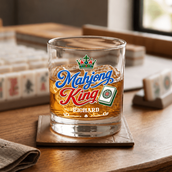 Vaso de whisky «Rock» de 10 oz con diseño personalizado con efecto 3D y temática de la corona del mahjong, con nombre; regalo de cumpleaños o aniversario para los amantes del mahjong y los aficionados