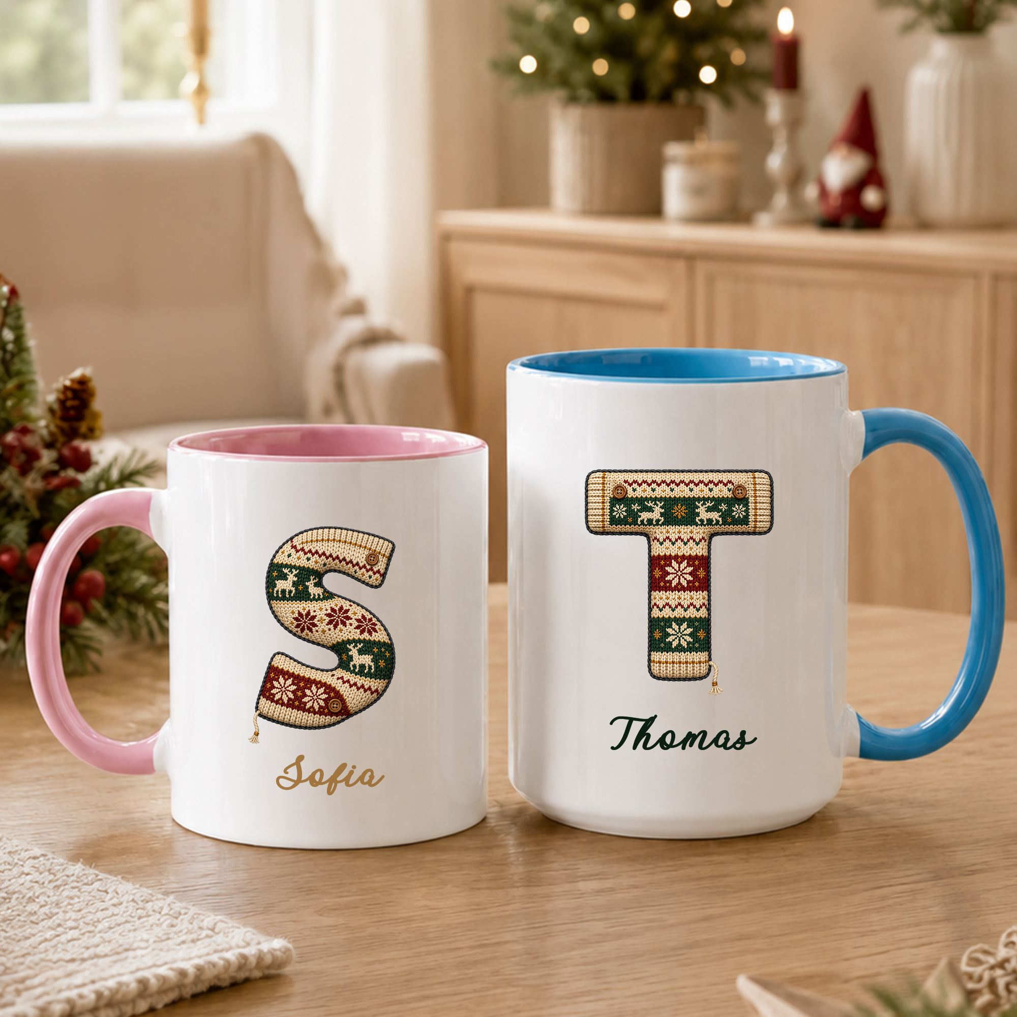 Personalisierte Fair-Isle-Strickpullover-Keramik-Tasse mit Buchstabe, 11 oz, 15 oz, mit Namen und Untersetzer – Alltagsgeschenk zu Weihnachten und den Feiertagen für Familie und Freunde