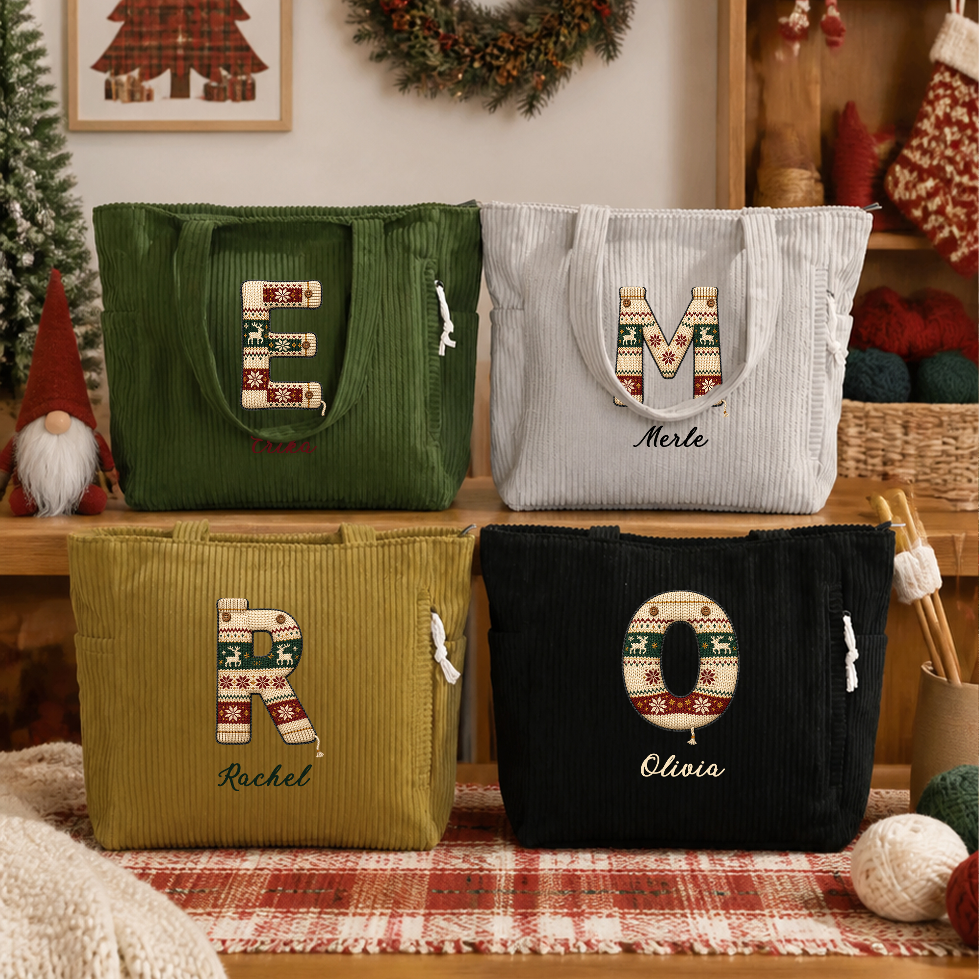 Personalisierte Weihnachtstasche im Fair-Isle-Stil mit Initialen, großem Fassungsvermögen und aus Cord – ein unverzichtbares Reiseaccessoire und Weihnachtsgeschenk für Familie und Freunde