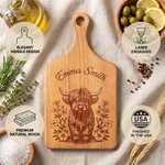 Personalized Flower Highland Cow Wooden Reversible Cutting Board with Engraved Text Grip Ship from USA Housewarming Birthday Gift for Family Friends